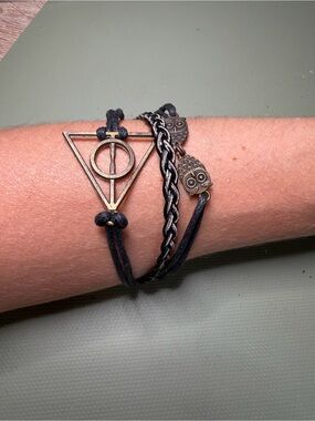 Black Leather Multi-Strand Owl & Geometric Charm Bracelet